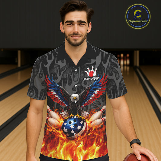 Black & Orange Flame American Flag Eagle Bowling Button-up Shirt Custom Patriotic Bowling Team Jersey NQS11722