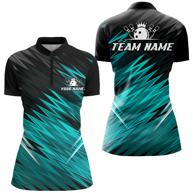 Cyan Blue and Black Bowling Shirts For Women Custom Name and Team name Bowling Jerseys Bowlers Outfit NQS8889