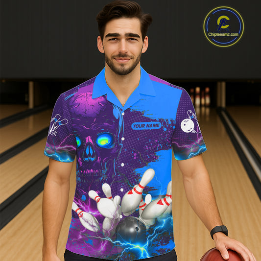 Purple and Blue Lightning Thunder Storm Skull Bowling Button-up Shirt Custom Bowling Team Jerseys NQS11729