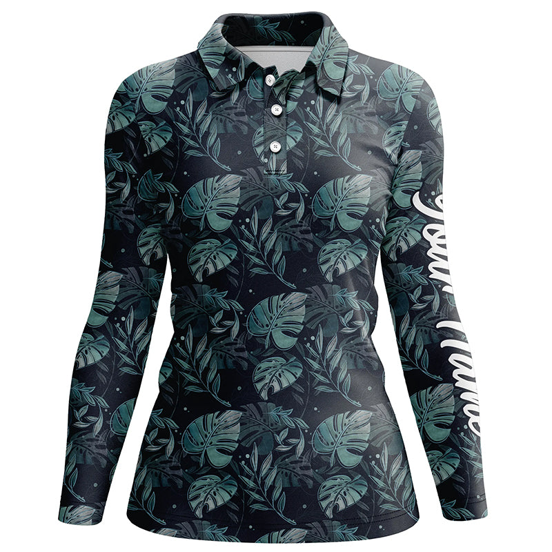 Womens golf polo shirts with monstera leaves tropical custom name golf shirt, golfing gifts NQS5921