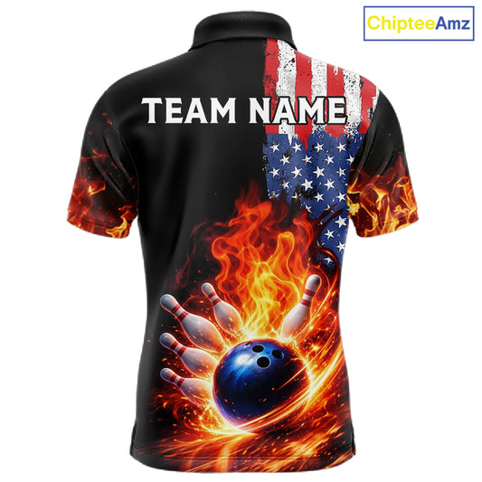 American Flag Flame bowling polo, quarter zip shirts for Men Custom patriotic team bowling jerseys NQS11432