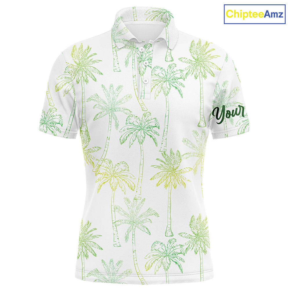 Green Tropical palm trees pattern Mens golf polo shirts custom team white golf shirt mens NQS5725