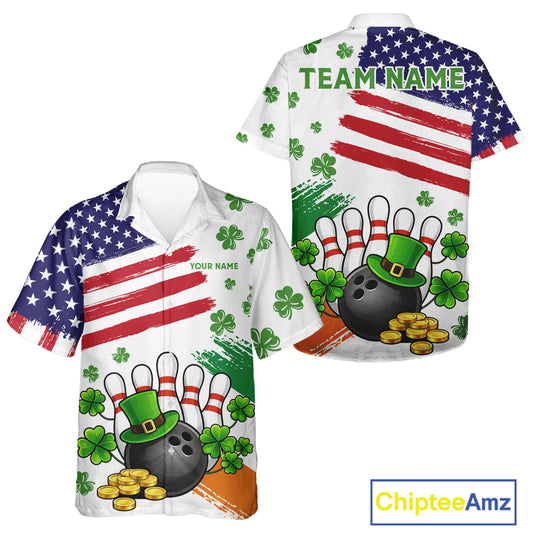 American Flag St Patrick's Day Clover Bowling Hawaiian shirts Custom team bowling button up shirt NQS11452