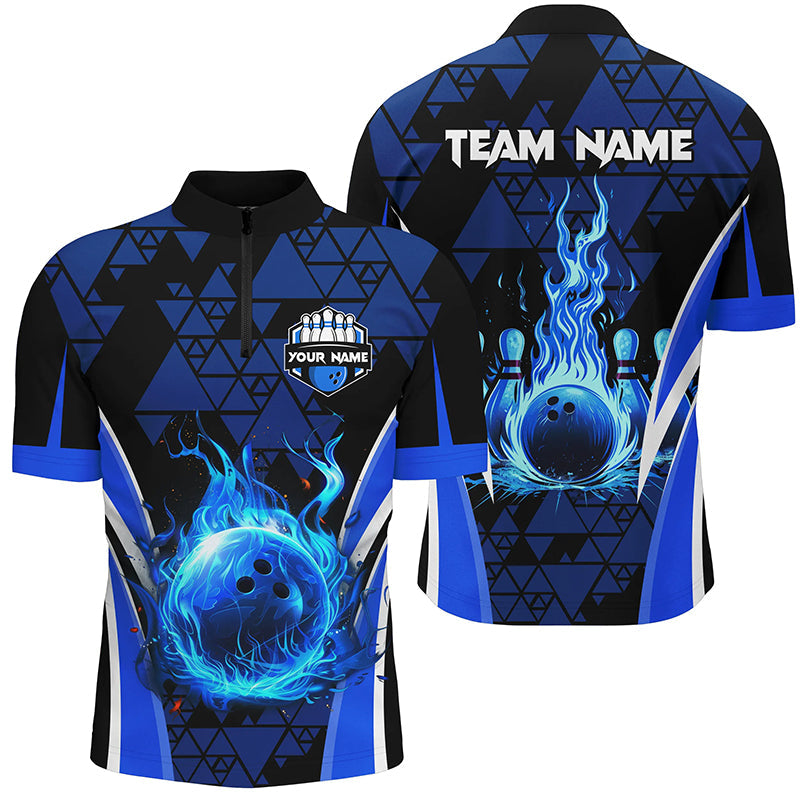 Blue triangle pattern flame bowling ball pins custom Men Quarter Zip Shirt, team bowling jerseys NQS7464