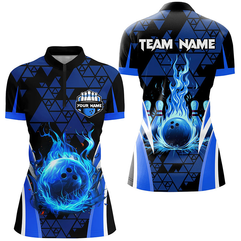 Blue triangle pattern flame bowling ball pins custom Women Quarter Zip Shirts, team bowling jerseys NQS7464