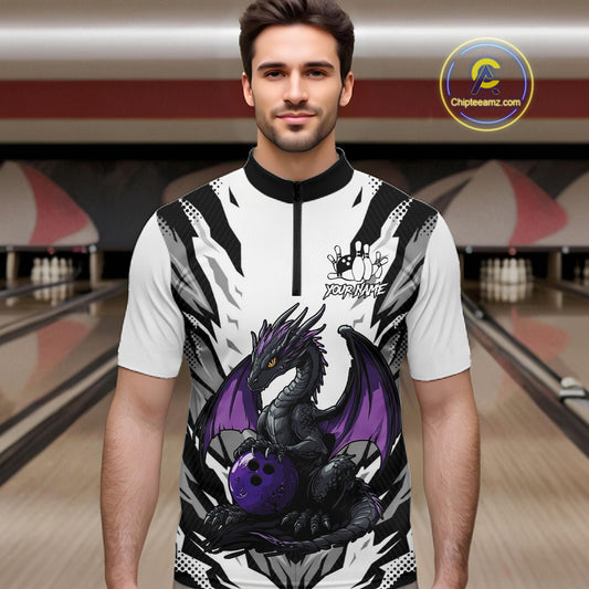 Black and White Bowling Polo, Quarter Zip Shirts For Men Custom Purple Dragon Bowling Team Jerseys NQS11740