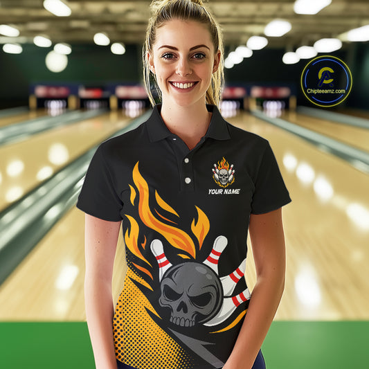 Custom Black and Yellow Flame Skull Bowling shirts for Women, bowling team league jerseys with Name NQS10263