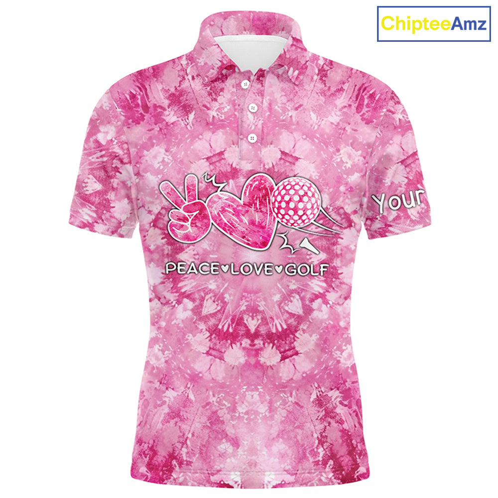 Mens golf polos shirts pink tie dye pattern custom peace love golf, personalized golf shirt for men NQS7836