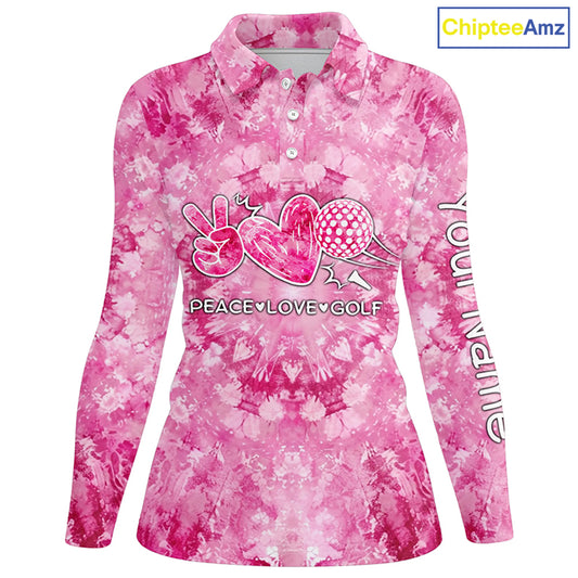 Womens golf polo shirts pink tie dye pattern custom peace love golf, personalized golf shirt for women NQS7836