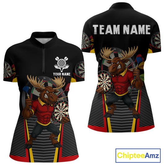Black and Red Funny Moose Darts Polo, Quarter Zip Shirts For Women Custom Darts Team Jerseys NQS11065