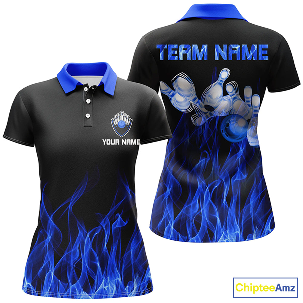 Custom Blue bowling shirt for women – personalized team jersey front view