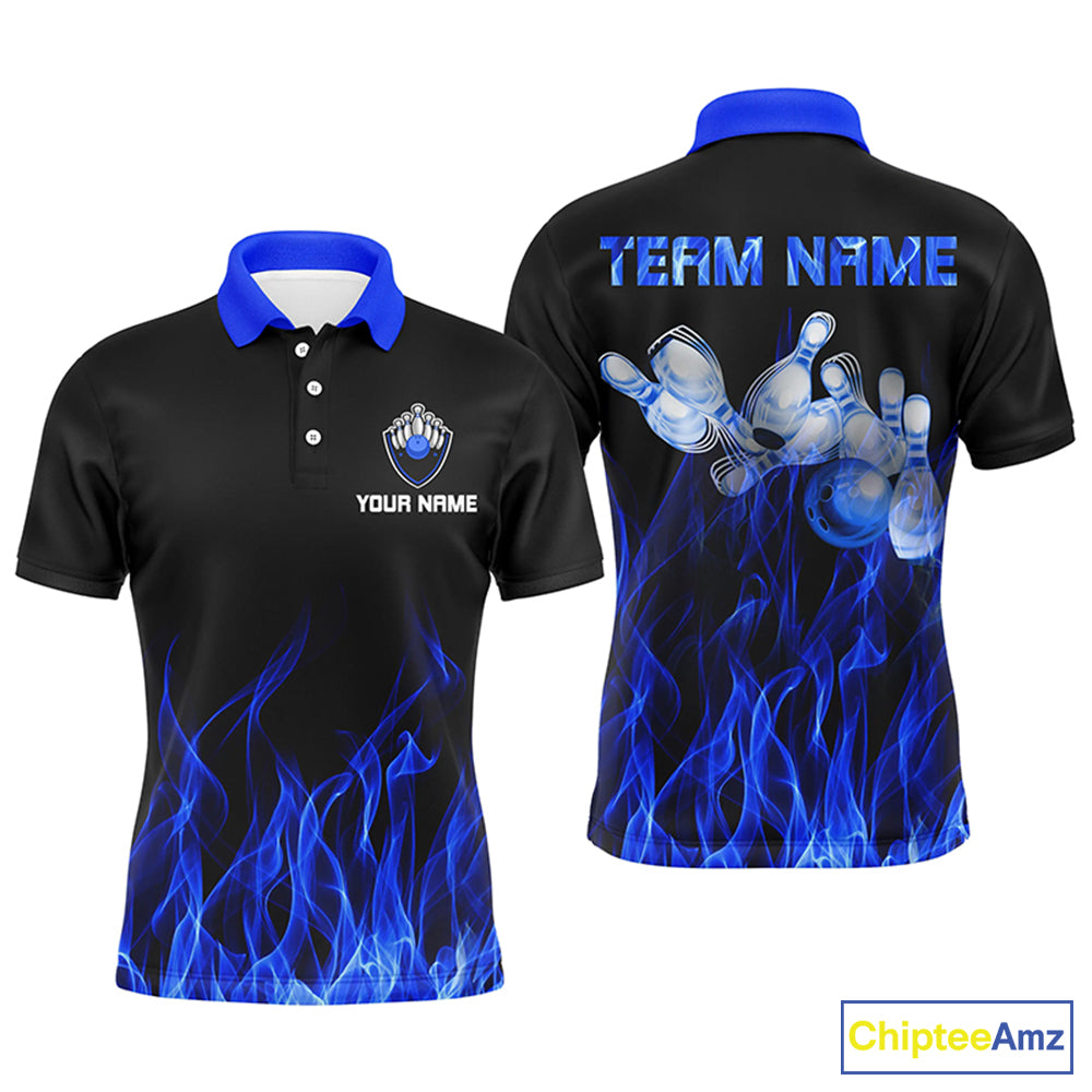 Custom Blue bowling shirt for men – personalized team jersey front view