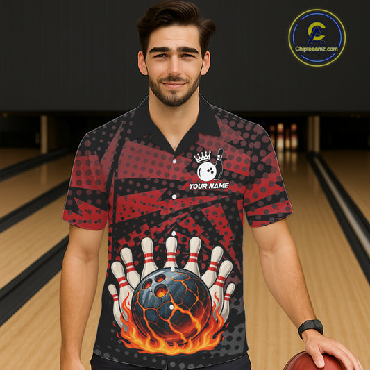 Black and Red pattern Flame Bowling Hawaiian Shirt Custom Team Bowling Button up shirt NQS11277