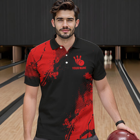 Black and Red Retro Mens Bowling Polo, Quarter Zip shirts Custom team bowling jerseys mens outfit NQS9394