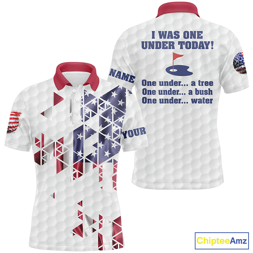 Funny Mens golf polo shirts American Flag custom I was one under today, under a tree, bush, water NQS7854
