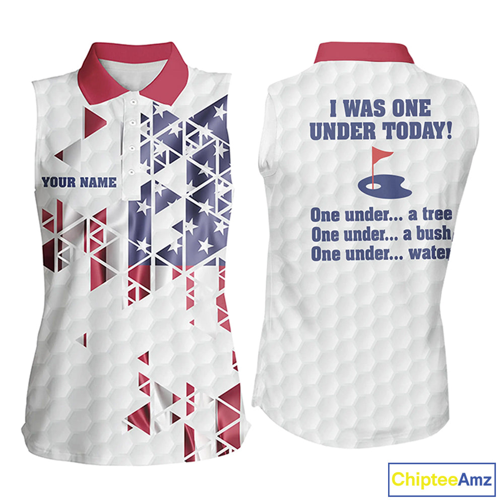 Women sleeveless golf polo shirts American Flag custom I was one under today, under tree bush water NQS7854