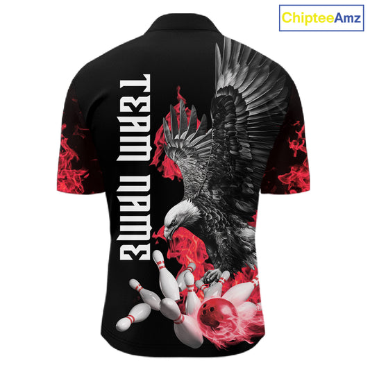 Custom Red Flame Black Eagle Bowling Polo, Quarter Zip Shirt For Men, Team Bowling Clothes NQS11500