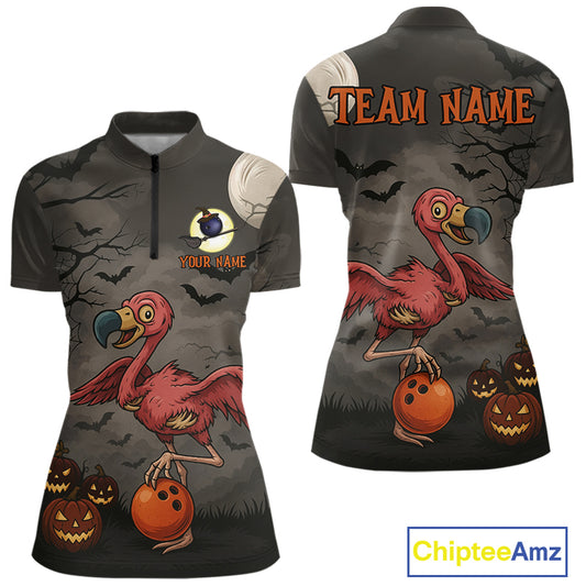 Funny Flamingo Halloween Bowling Polo, 1/4 Zip Shirt For Women Custom Halloween Bowling Team Jersey NQS10703