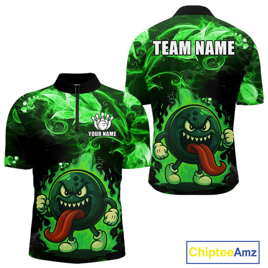 Personalized Funny Bowling Shirts for Men Green Flame Custom Bowling Team Outfit, Gift For Bowlers NQS10909