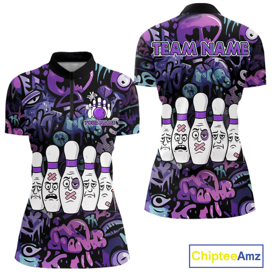 Custom Purple graffiti pattern Funny Bowling Polo, Quarter Zip Shirts For Women, Team Bowling Jersey NQS11099