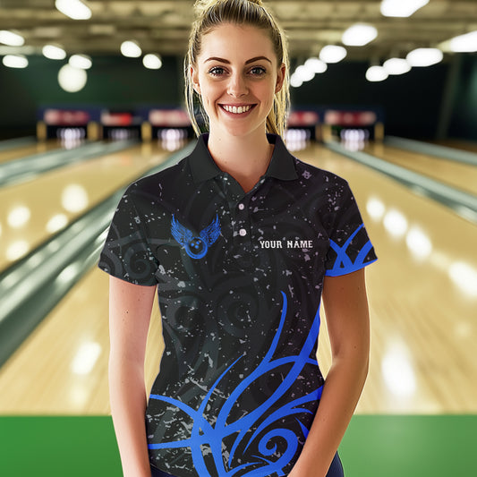 Black and Blue Camo Bowling Polo, Quarter Zip Shirt For Women Custom Team Bowling Jersey bowler outfit NQS9417