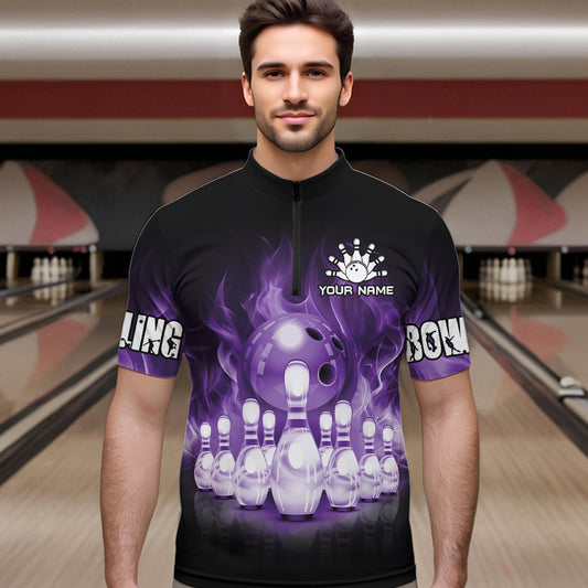 Black And Purple Flame Bowling ball pins Custom Bowling Shirts For Men, Bowling Team Shirt NQS9741