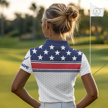 Load image into Gallery viewer, Red, White and Blue American Flag Womens golf polo shirts custom patriotic golf attire for ladies NQS10006
