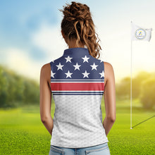 Load image into Gallery viewer, Red, White and Blue American Flag Women sleeveless golf polo shirt custom patriotic ldies golf attire NQS10006