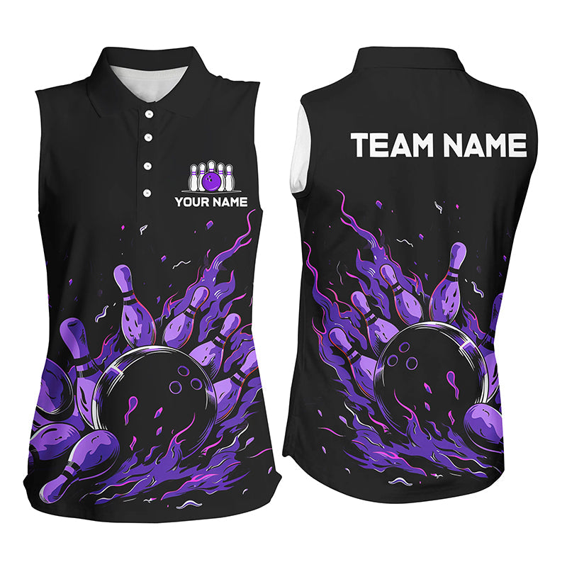 Purple Flame Fire Women bowling Sleeveless Polo shirts custom bowling team shirts, bowling gifts NQS7902