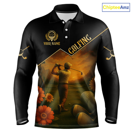Black & Gold Golf polo shirt for men Custom Mens golf tops, gift for golfers NQS10339