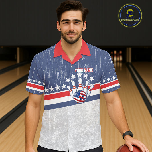 Red, White and Blue Grunge American Flag Bowling Hawaiian Shirt Custom Patriotic Team Bowling jersey NQS11345