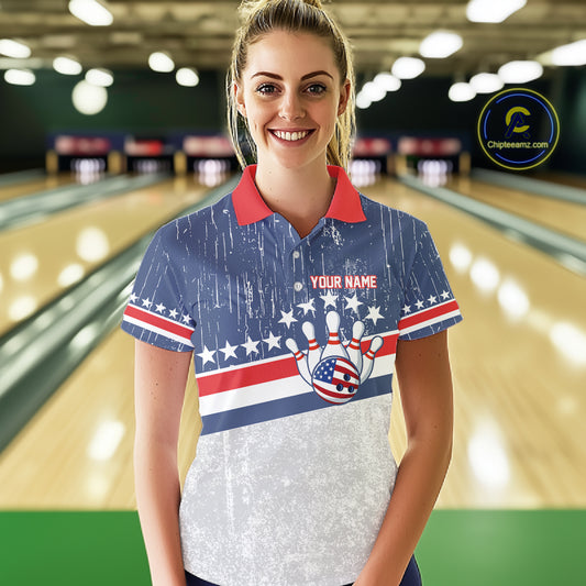 Red, White and Blue Grunge American Flag Bowling Shirt For Women Custom Patriotic Team Bowling jersey NQS11345