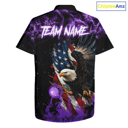 Purple Flame American Flag Eagle Bowling Hawaiian shirt Custom Bowling Team button-up shirts NQS11557