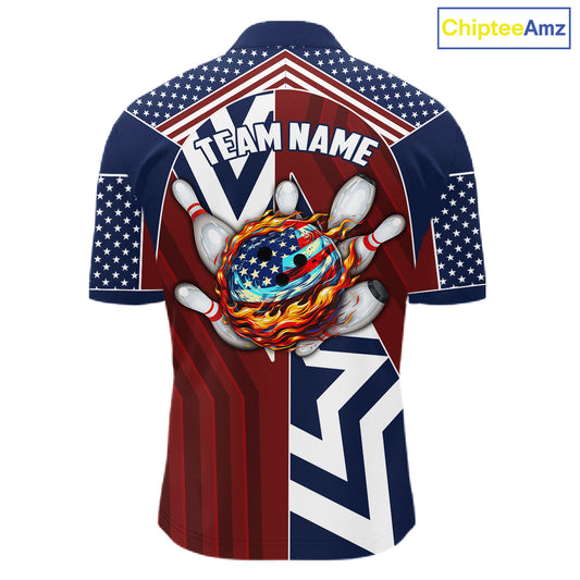 Red, White and Blue American Flag Flame Bowling shirts for Men Custom patriotic Team Bowling Jerseys NQS11558