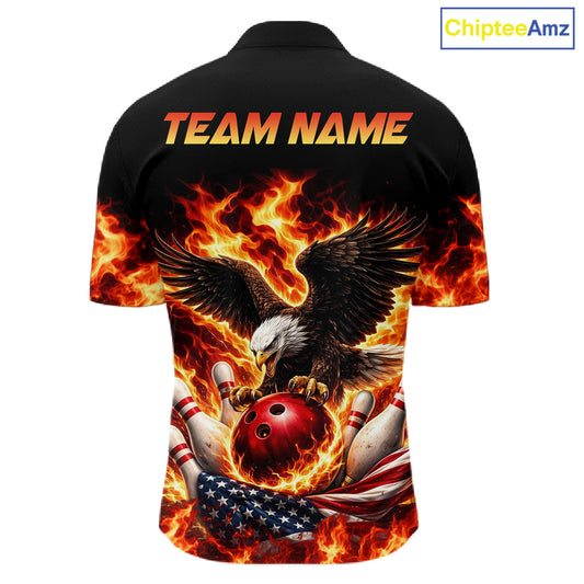 Custom Flame American Flag Eagle Bowling Shirts, Patriotic Eagle Bowling Team Jerseys For Men NQS11560