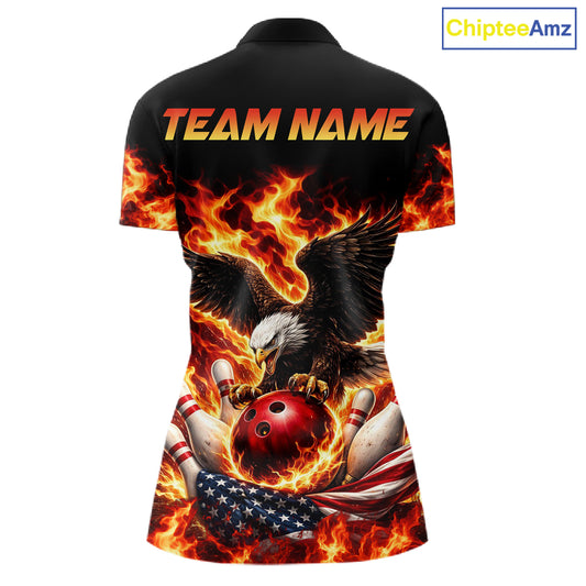 Custom Flame American Flag Eagle Bowling Shirts, Patriotic Eagle Bowling Team Jerseys For Women NQS11560