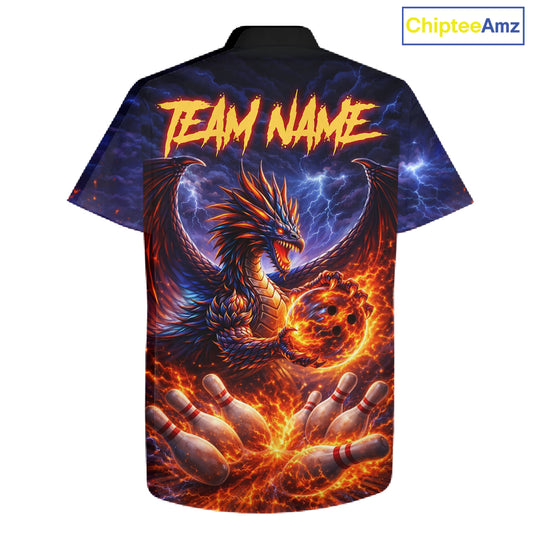 Orange and Purple Lightning Thunder Dragon Bowling Button-up Shirt Custom Dragon Team Bowling Jersey NQS11680