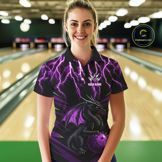 Black & Purple Lightning Thunder Dragon Women Bowling Shirts Custom Dragon Bowling Team Shirt Uniform NQS9805