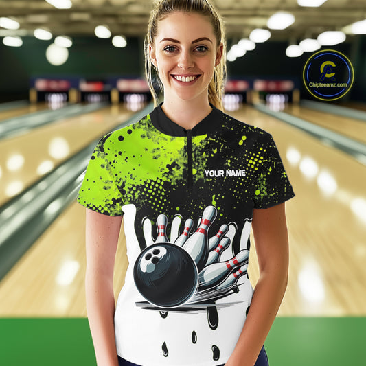 Black and Green Flame Skull Bowling Polo, 1/4 Zip Shirts for Women Custom Bowling Team League Jersey NQS11703
