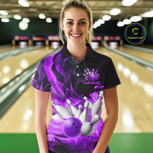 Black And Purple Flame Custom Bowling Shirts For Women, Flame Bowling League Shirts Outfits NQS9809