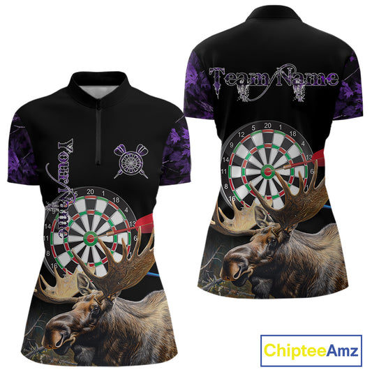 Personalized Black and Purple Camo Moose Darts Shirts For Women Custom Darts Team Jerseys NQS10976