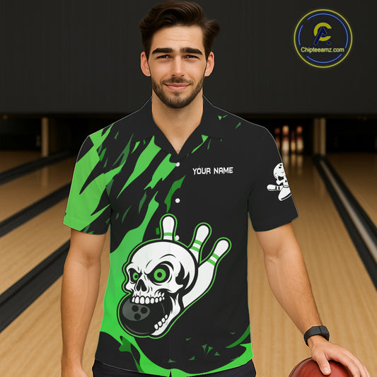Black and Green Skull Bowling Button-up Shirt Custom Team bowling Hawaiian jersey, gift for bowlers NQS11709