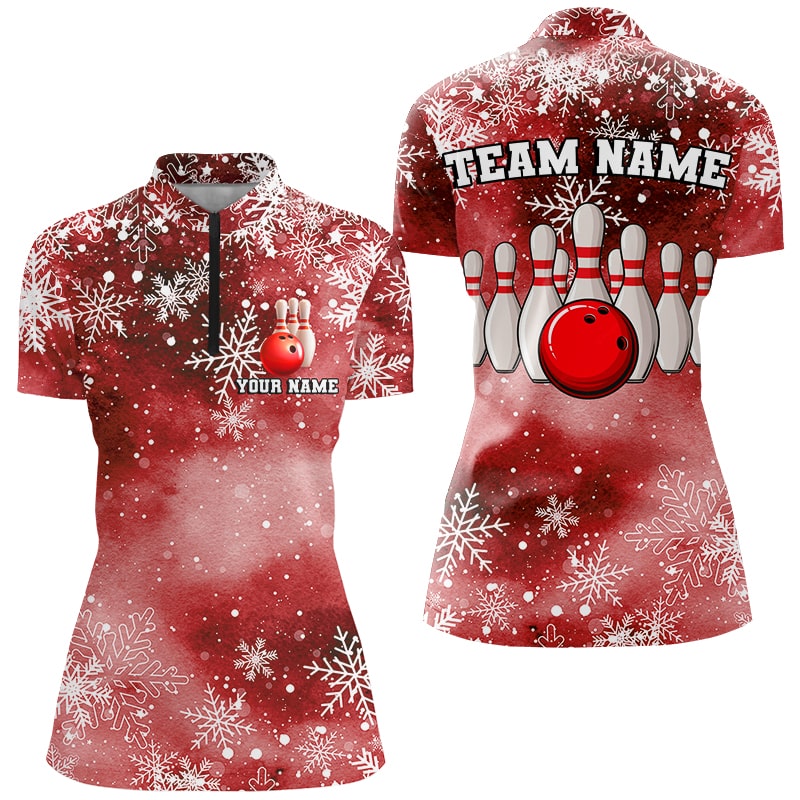 Red Snowflake Christmas pattern Women's Bowling shirt Custom Christmas Team Bowling League Jersey NQS8855