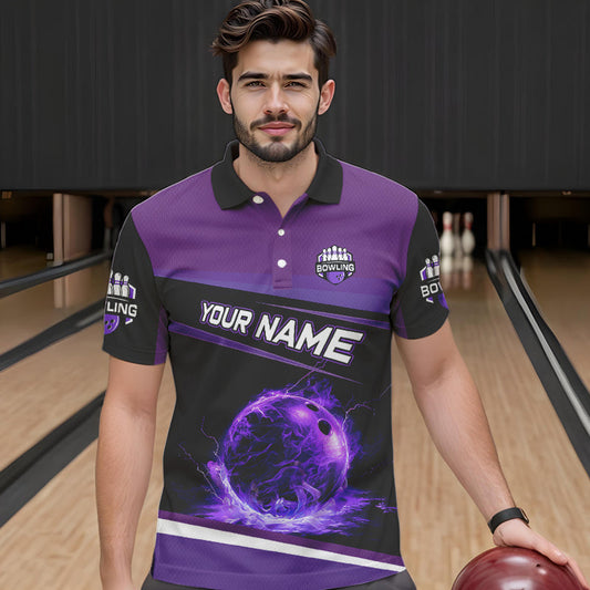 Black and Purple Lighting Flame Mens Bowling Polo, Quarter Zip Shirt Custom Team bowling jerseys NQS9320