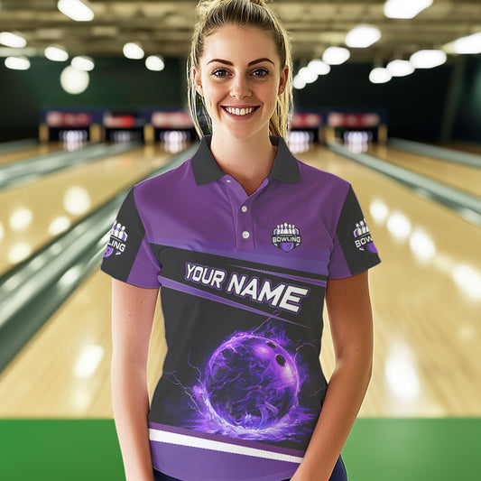 Black and Purple Lighting Flame Women Bowling Polo, Quarter Zip Shirt Custom Team bowling jerseys NQS9320