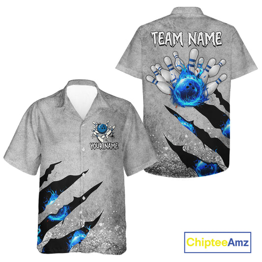 Blue flame bowling ball jerseys Gray grunge custom bowling hawaiian shirts, bowling league shirts NQS11396