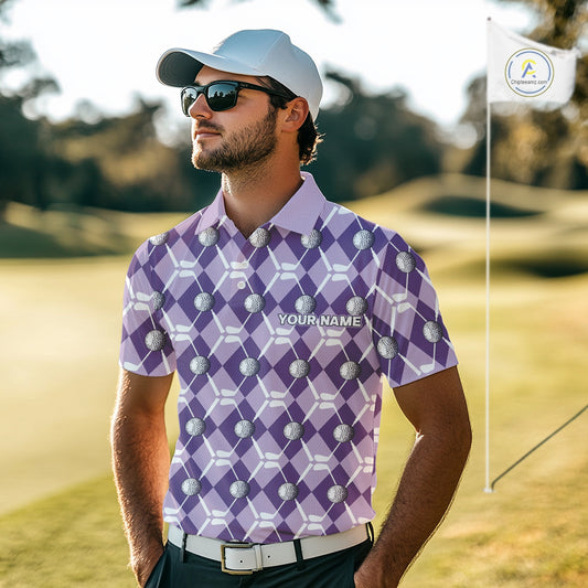 Mens golf polo shirts custom purple argyle plaid pattern golf attire for men, golfer gifts NQS10078