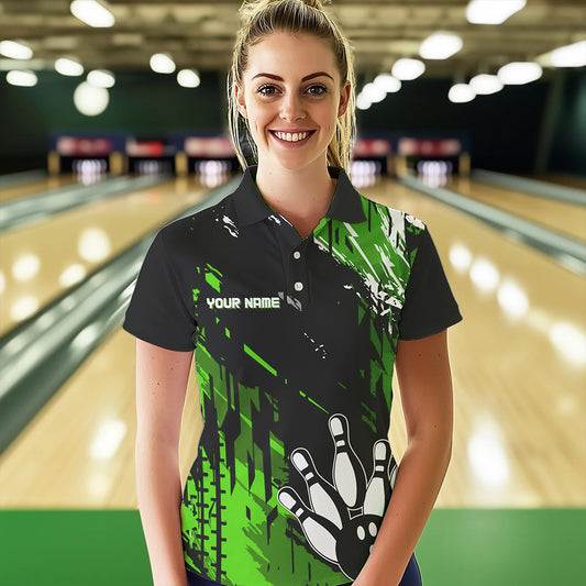 Black and Green Womens bowling shirts Custom retro bowling ball and pins bowling team league jerseys NQS9475