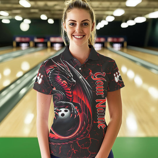 Black And Red Custom Dragon Bowling Shirts For Women, Dragon Bowling Team Shirts NQS9478