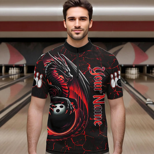Black And Red Custom Dragon Bowling Shirts For Men, Dragon Bowling Team Shirts NQS9478